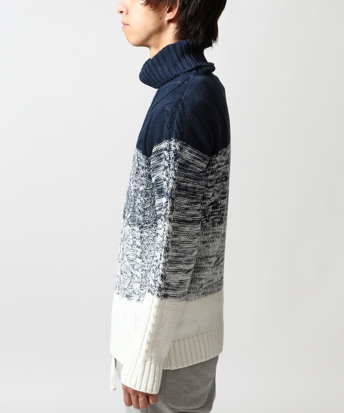 ZIP FIVE（ジップファイブ）の「ケーブルタートルニット【ローゲージニット】（ニット/セーター・メンズ・キャメル/ホワイト×ネイビー/アイボリー/ブラック/ワイン/カーキ/ホワイト×ブラック/グレー/ブルー/ダークグリーン/オフホワイト/ネイビー/ベージュ・LARGE/X-LARGE/MEDIUM/SMALL）」の20枚目の写真