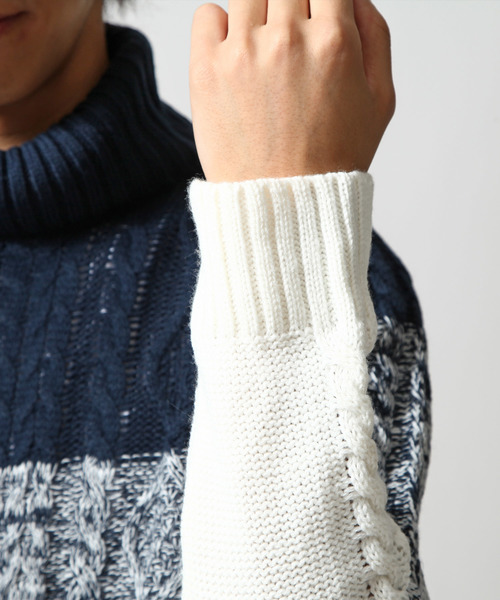 ZIP FIVE（ジップファイブ）の「ケーブルタートルニット【ローゲージニット】（ニット/セーター・メンズ・キャメル/ホワイト×ネイビー/アイボリー/ブラック/ワイン/カーキ/ホワイト×ブラック/グレー/ブルー/ダークグリーン/オフホワイト/ネイビー/ベージュ・LARGE/X-LARGE/MEDIUM/SMALL）」の15枚目の写真