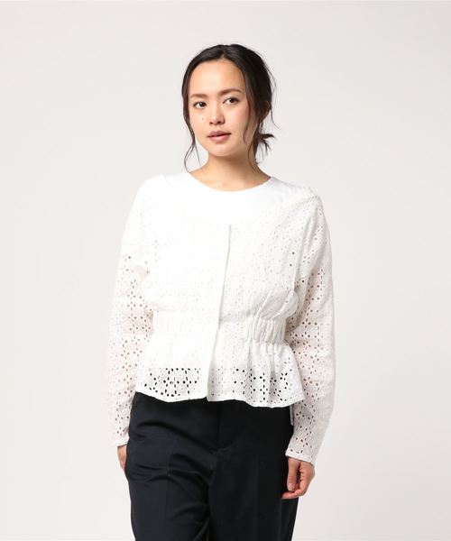 one after another NICE CLAUP(ワンアフターアナザーナイスクラップ)の「フリルなブルゾン(テーラードジャケット・レディース・オフホワイト/ブラック・FREE)」の5枚目の写真