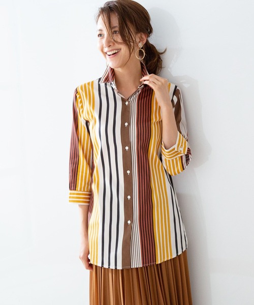 NARACAMICIE(ナラカミーチェ)の「ランダムストライプ七分袖ロングシャツ(シャツ/ブラウス・レディース・ブラウン/ブルー・SMALL/LARGE/MEDIUM)」の18枚目の写真