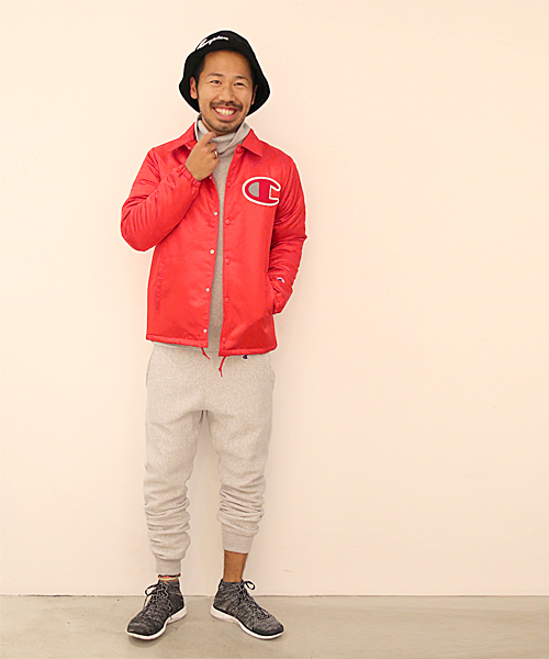 And A（アンドエー）の「Champion/チャンピオン×And A 別注 コーチジャケット（ナイロンジャケット・メンズ・ブラック/ネイビー/レッド・SMALL/LARGE/MEDIUM）」の15枚目の写真