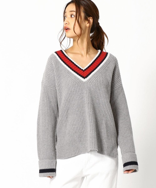 セール トップス Park グランドパーク のファッション ライン入りvネックニット ニット セーター Grand Grand