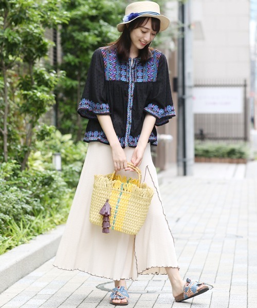 チチカカ（チチカカ）の「フリンジスクエアペーパーバッグ（かごバッグ・レディース・イエロー/ブルー・FREE）」の4枚目の写真