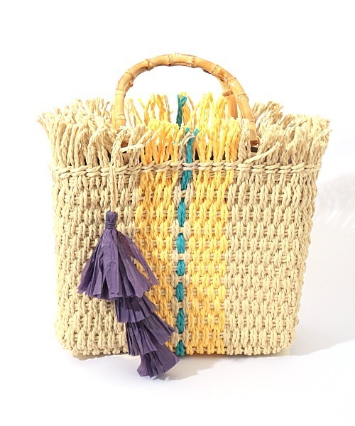 チチカカ（チチカカ）の「フリンジスクエアペーパーバッグ（かごバッグ・レディース・イエロー/ブルー・FREE）」の10枚目の写真