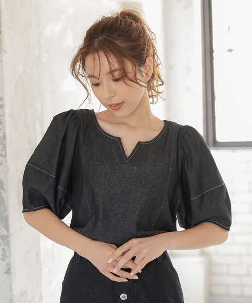 前後2Wayランタンスリーブデニムブラウス