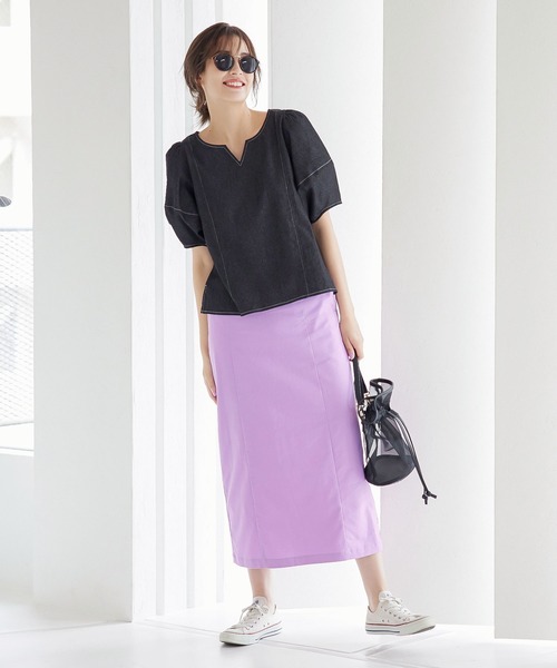 前後2Wayランタンスリーブデニムブラウス