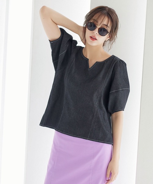 前後2Wayランタンスリーブデニムブラウス