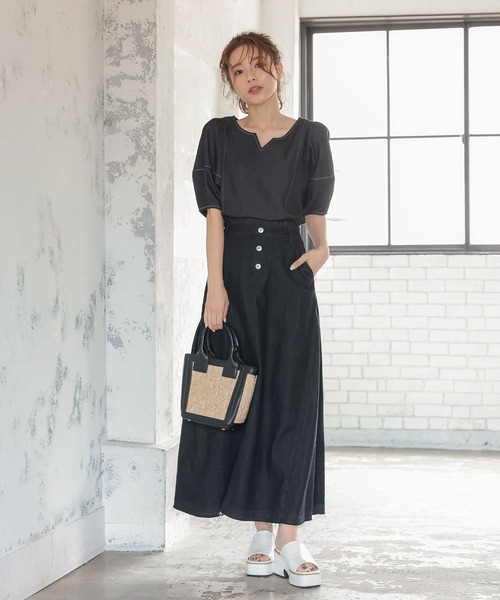 前後2Wayランタンスリーブデニムブラウス