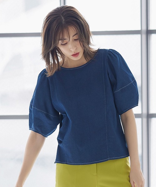 前後2Wayランタンスリーブデニムブラウス