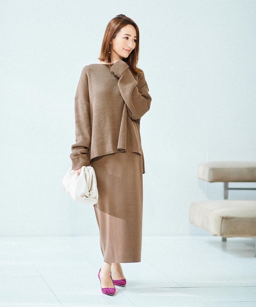 UR'S（ユアーズ）の「袖折り返しﾆｯﾄ×ﾀｲﾄｽｶｰﾄｾｯﾄｱｯﾌﾟ（セットアップ・レディース・ブラック/ネイビー/アイボリー/モカ・S/M/L）」の14枚目の写真