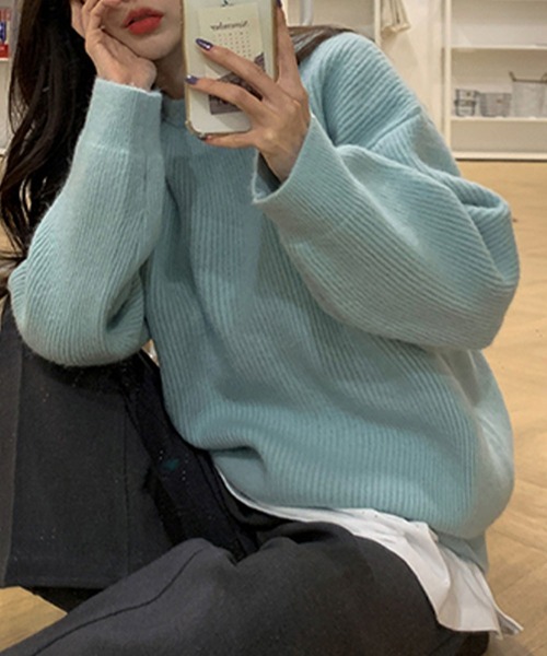 me+em select(ミームセレクト)の「※※【 新色追加/23色展開 】ルーズカラーリブニットプルオーバー(ニット/セーター・レディース・ベージュ/グリーン/アイボリー/オレンジ系その他/ブルー/イエロー/ブラック/ピンク/カーキ/グレー/ブラウン/ダークブルー/パープル/ブルーグレー/ネイビー/ライム/グリーン系その他/パープル系その他/レッド/ライラック/ロイヤルブルー/ライトグレー系/イエロー系その他・FREE)」の4枚目の写真