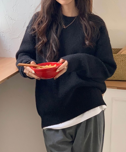 me+em select(ミームセレクト)の「※※【 新色追加/23色展開 】ルーズカラーリブニットプルオーバー(ニット/セーター・レディース・ベージュ/グリーン/アイボリー/オレンジ系その他/ブルー/イエロー/ブラック/ピンク/カーキ/グレー/ブラウン/ダークブルー/パープル/ブルーグレー/ネイビー/ライム/グリーン系その他/パープル系その他/レッド/ライラック/ロイヤルブルー/ライトグレー系/イエロー系その他・FREE)」の1枚目の写真