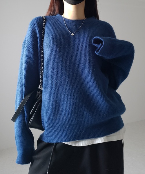 me　eニット　ブルー セール】※※【 新色追加／23色展開 】ルーズカラーリブニットプル