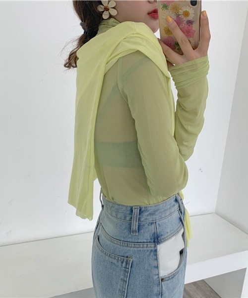 HALEY PESCA（ヘーリーペスカ）の「HALEY PESCA/シースルーハイネックインナーカットソー ブラウス（シャツ/ブラウス・レディース・ホワイト/ブラック/パープル/ピンク/イエロー/グリーン/ブルー・FREE）」の10枚目の写真