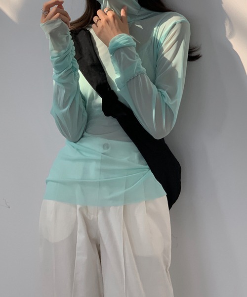 HALEY PESCA（ヘーリーペスカ）の「HALEY PESCA/シースルーハイネックインナーカットソー ブラウス（シャツ/ブラウス・レディース・ホワイト/ブラック/パープル/ピンク/イエロー/グリーン/ブルー・FREE）」の14枚目の写真