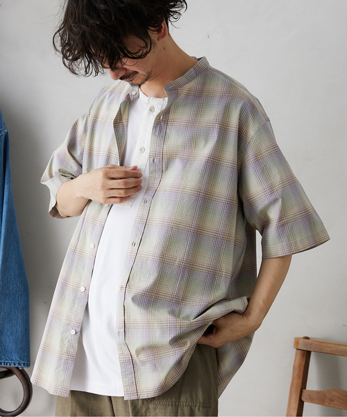 JOURNAL STANDARD relume(ジャーナルスタンダード レリューム)の「チェックバンドカラー半袖シャツ(シャツ/ブラウス・メンズ・ベージュ/ネイビー/グレー/ナチュラル・MEDIUM/LARGE)」の16枚目の写真