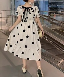 バックリボン シャーリングドット柄フレアワンピース