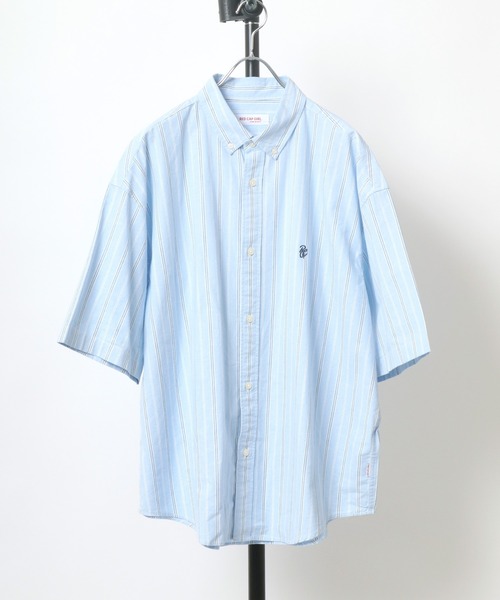 Salong hameu（サロン ハミュー）の「ワンポイントロゴ刺繍 ストライプシャツ メンズ レディース/半袖ボタンダウンシャツ（シャツ/ブラウス・メンズ・サックスブルー/ピンク/イエロー/ライトグリーン/マルチ・M/L）」の4枚目の写真