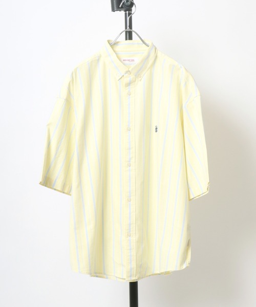 Salong hameu（サロン ハミュー）の「ワンポイントロゴ刺繍 ストライプシャツ メンズ レディース/半袖ボタンダウンシャツ（シャツ/ブラウス・メンズ・サックスブルー/ピンク/イエロー/ライトグリーン/マルチ・M/L）」の5枚目の写真
