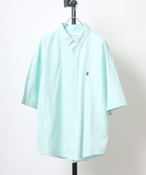 Salong hameu（サロン ハミュー）の「ワンポイントロゴ刺繍 ストライプシャツ メンズ レディース/半袖ボタンダウンシャツ（シャツ/ブラウス・メンズ・サックスブルー/ピンク/イエロー/ライトグリーン/マルチ・M/L）」の3枚目の写真