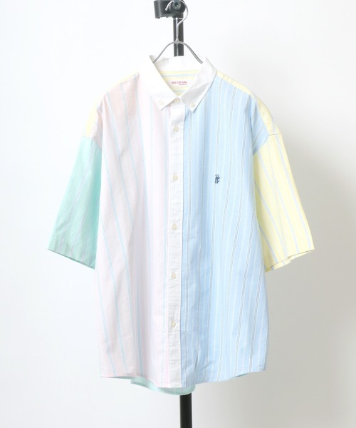 Salong hameu（サロン ハミュー）の「ワンポイントロゴ刺繍 ストライプシャツ メンズ レディース/半袖ボタンダウンシャツ（シャツ/ブラウス・メンズ・サックスブルー/ピンク/イエロー/ライトグリーン/マルチ・M/L）」の2枚目の写真