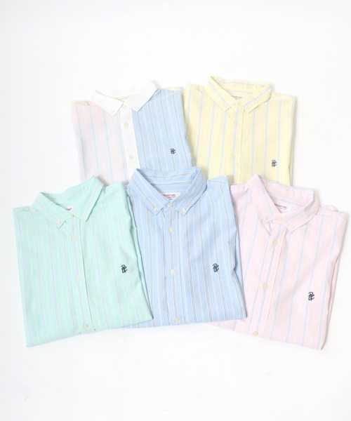 Salong hameu（サロン ハミュー）の「ワンポイントロゴ刺繍 ストライプシャツ メンズ レディース/半袖ボタンダウンシャツ（シャツ/ブラウス・メンズ・サックスブルー/ピンク/イエロー/ライトグリーン/マルチ・M/L）」の7枚目の写真