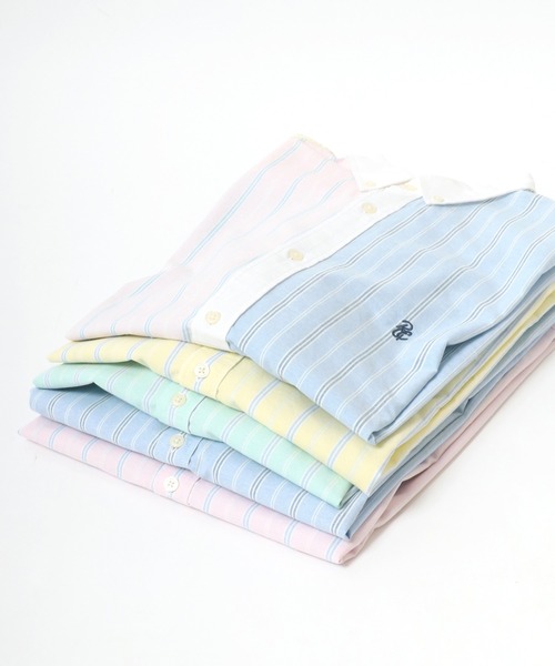 Salong hameu（サロン ハミュー）の「ワンポイントロゴ刺繍 ストライプシャツ メンズ レディース/半袖ボタンダウンシャツ（シャツ/ブラウス・メンズ・サックスブルー/ピンク/イエロー/ライトグリーン/マルチ・M/L）」の6枚目の写真