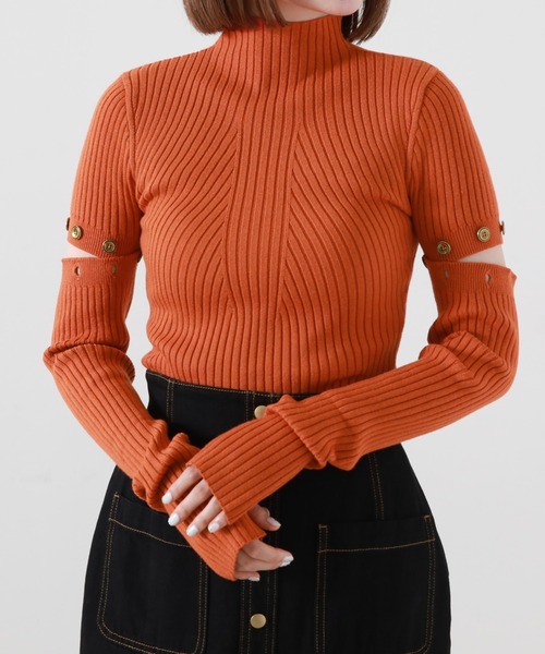 Cheek（チーク）の「アームウォーマー付きリブニット（ニット/セーター・レディース・カーキ/イエロー/オレンジ/モカ/チャコールグレー/ベージュ・MEDIUM）」の6枚目の写真