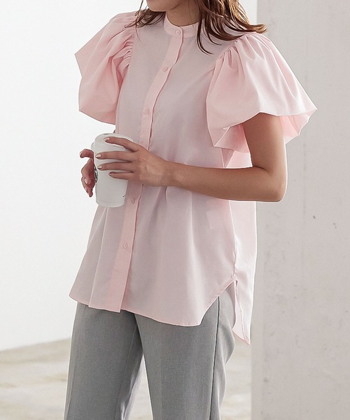 KOBE LETTUCE（コウベレタス）の「フリルスリーブバンドカラーシャツ[C6372]（シャツ/ブラウス・レディース・イエロー/ピンク/ブラック/ホワイト・FREE）」の4枚目の写真