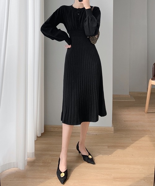 ELCY】ボタンニットフレアロングワンピース