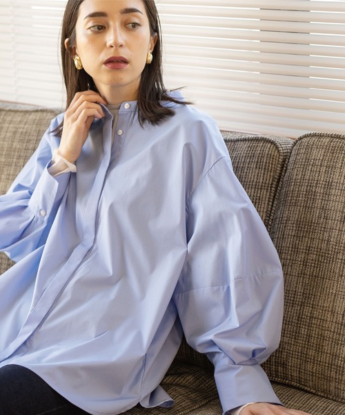 OPAQUE.CLIP（オペークドットクリップ）の「◆バンドカラーボリュームスリーブシャツブラウス【UVケア/イージーケア】（シャツ/ブラウス・レディース・ベージュ系2/ブルー系5/ブラック/ブルー系7/オフホワイト/ホワイト系5・38/36/40/42）」の5枚目の写真