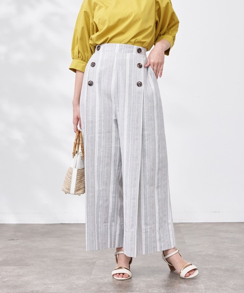 Chez toi（シェトワ）の「Wボタンマルチストライプリネンパンツ（その他パンツ・レディース・ネイビー/グレー/ベージュ・FREE）」の2枚目の写真