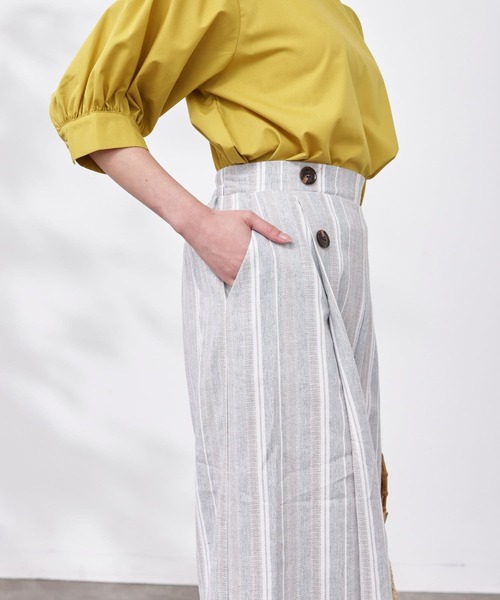 Chez toi（シェトワ）の「Wボタンマルチストライプリネンパンツ（その他パンツ・レディース・ネイビー/グレー/ベージュ・FREE）」の12枚目の写真