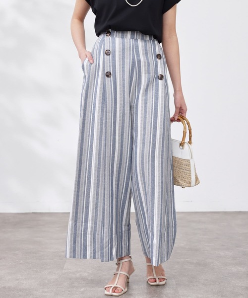 Chez toi（シェトワ）の「Wボタンマルチストライプリネンパンツ（その他パンツ・レディース・ネイビー/グレー/ベージュ・FREE）」の6枚目の写真