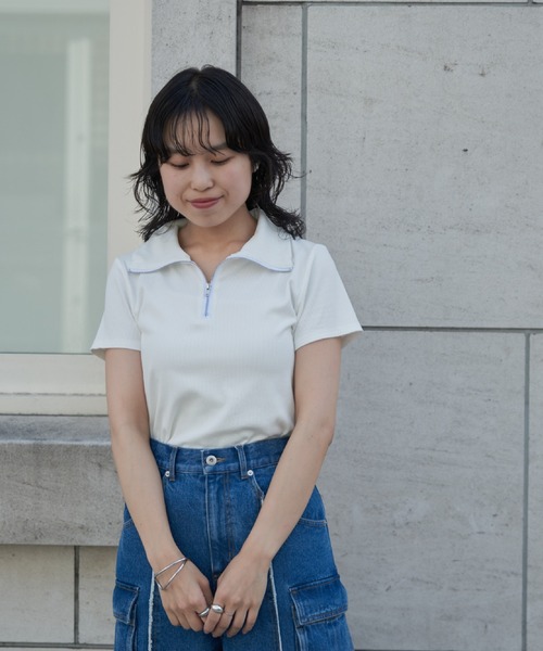 COLONY 2139(コロニートゥーワンスリーナイン)の「WEB・一部店舗限定 / ハーフジップリブTシャツ(Tシャツ/カットソー・レディース・オフホワイト/ブラック/サックスブルー・FREE)」の12枚目の写真
