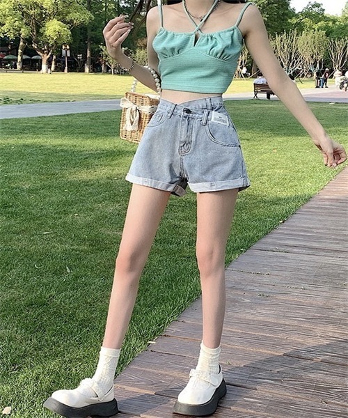 FREE STYLISTS（フリー スタイリスト）の「ウエストデザインデニムショートパンツ（デニムパンツ・レディース・ブラック/サックスブルー・S/M/L/XL/2XL）」の4枚目の写真