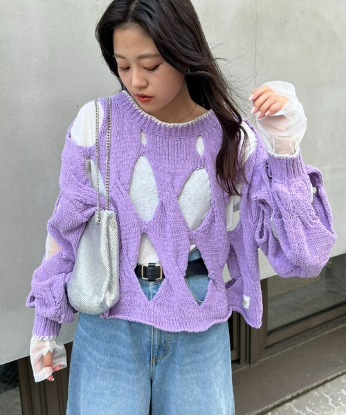 HELLO.SANFRANCISCO（ハローサンフランシスコ）の「【HELLO.SANFRANCISCO/ハローサンフランシスコ】モールヤーンフェード透かし編みニット（ニット/セーター・レディース・パープル/オレンジ・ONE SIZE）」の6枚目の写真