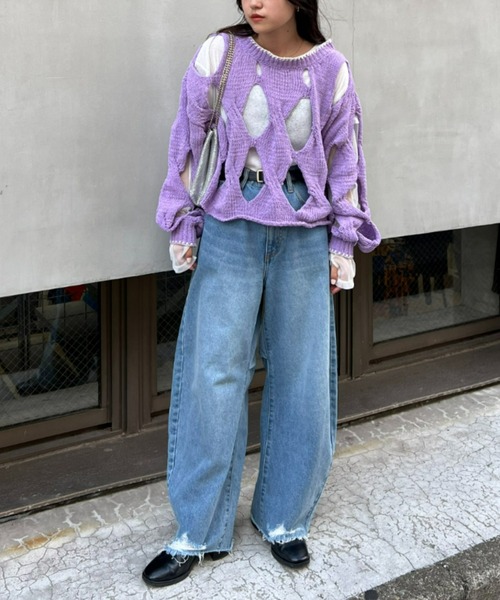 HELLO.SANFRANCISCO（ハローサンフランシスコ）の「【HELLO.SANFRANCISCO/ハローサンフランシスコ】モールヤーンフェード透かし編みニット（ニット/セーター・レディース・パープル/オレンジ・ONE SIZE）」の7枚目の写真