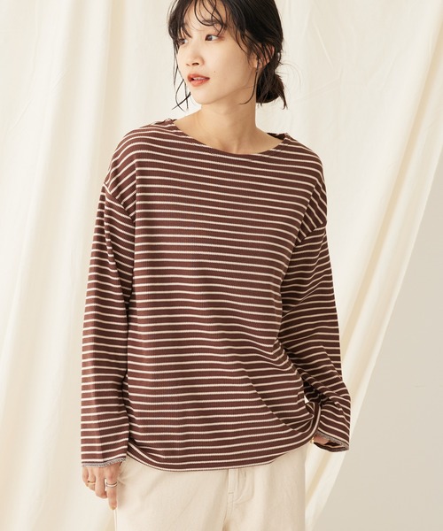 CRAFT STANDARD BOUTIQUE(クラフトスタンダードブティック)の「ボーダーワッフルプルオーバー(Tシャツ/カットソー・レディース・ブラウン/ベージュ/ブラック・FREE)」の2枚目の写真