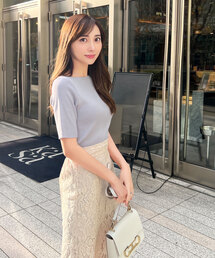 [ 岡部あゆみさんコラボ ]　選べるネック5分袖ショート丈細リブニットトップス