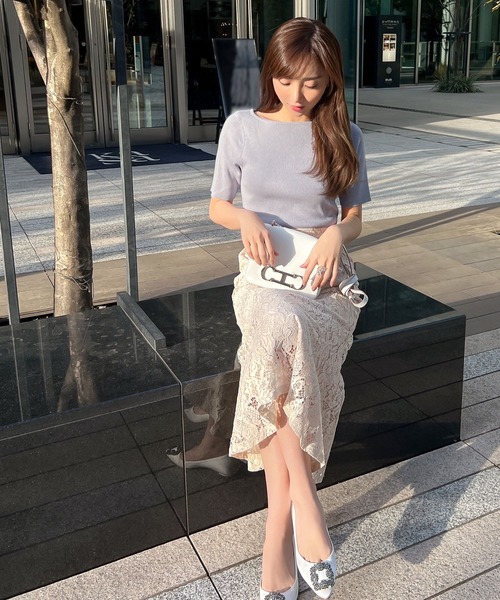 KOBE LETTUCE（コウベレタス）の「[ 岡部あゆみさんコラボ ]　選べるネック5分袖ショート丈細リブニットトップス（ニット/セーター・レディース・ネイビー/ブラック/ホワイト系/ブラック系/ブラウン系/ネイビー系/パープル系/オフホワイト/ライトパープル/モカ・F）」の19枚目の写真