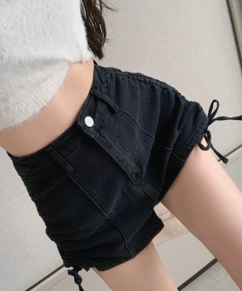 セール】サイドリボンストレッチデニムショートパンツ（デニム