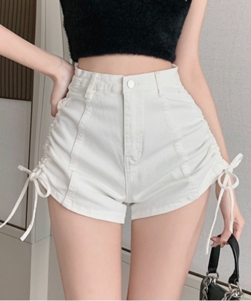 セール】サイドリボンストレッチデニムショートパンツ（デニム