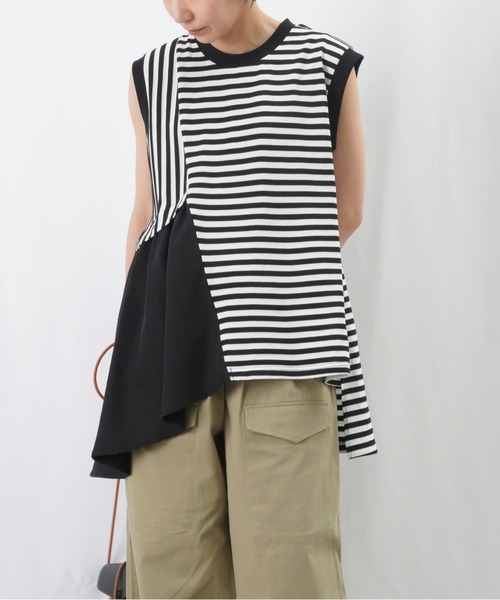 LUCA/LADY LUCK LUCA（ルカ/レディラックルカ）の「LC/LLL ボーダーバイヤスノースリーブカットソー / アシメ切替ノースリーブカットソー（Tシャツ/カットソー・レディース・アイボリー/グリーン/カーキ・FREE）」の2枚目の写真