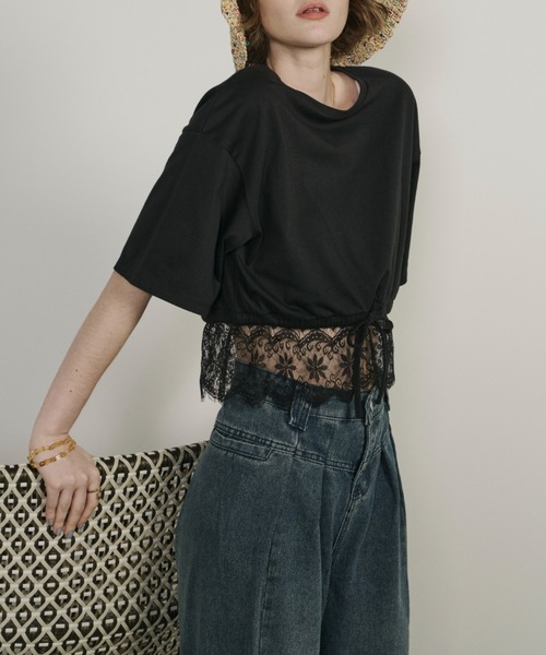 Unitage（ユニテージ）の「レースヘムショートTEE（Tシャツ/カットソー・レディース・ブラック/ホワイト・FREE）」の2枚目の写真