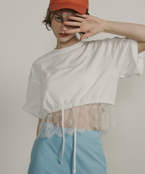 Unitage（ユニテージ）の「レースヘムショートTEE（Tシャツ/カットソー・レディース・ブラック/ホワイト・FREE）」の4枚目の写真