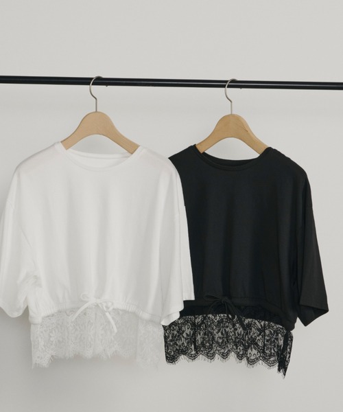 Unitage（ユニテージ）の「レースヘムショートTEE（Tシャツ/カットソー・レディース・ブラック/ホワイト・FREE）」の9枚目の写真
