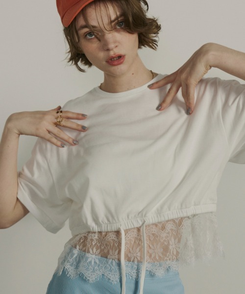 Unitage（ユニテージ）の「レースヘムショートTEE（Tシャツ/カットソー・レディース・ブラック/ホワイト・FREE）」の10枚目の写真