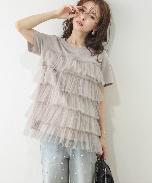 SUGAR BISKET(シュガービスケット)の「チュールティアードドッキングTシャツ(Tシャツ/カットソー・レディース・グレー/ベージュ/ブラック/ホワイト・フリー)」の1枚目の写真