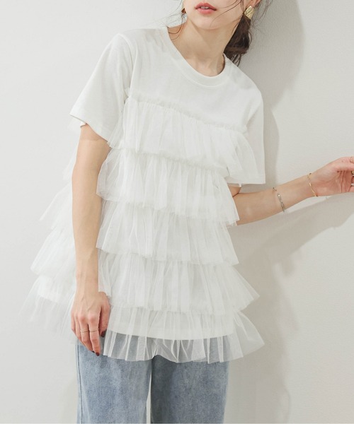 SUGAR BISKET(シュガービスケット)の「チュールティアードドッキングTシャツ(Tシャツ/カットソー・レディース・グレー/ベージュ/ブラック/ホワイト・フリー)」の2枚目の写真